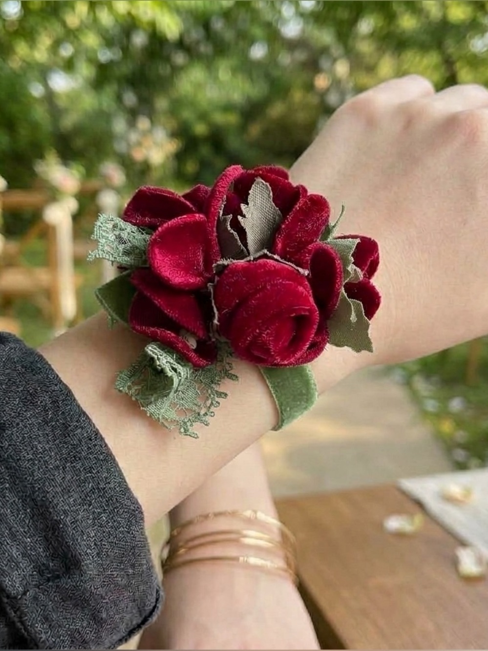 Whimsigoth Deep Red Velvet Lace Flowers Adjustable Cord Wrist Corsage Bracelet